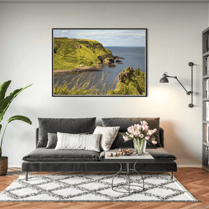 Secluded Coastal Cottage beneath Green Cliffs, Co. Antrim fine art photography print by Nua Photography