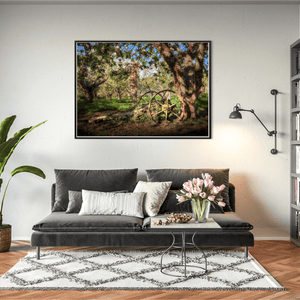 Armagh Apple Orchard with Vintage Farm Wheel in Spring Blossom, Co. Armagh fine art photography print by Nua Photography