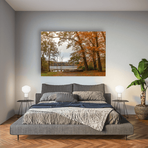 autumn-lakeside-bench-fallen-leaves Pano