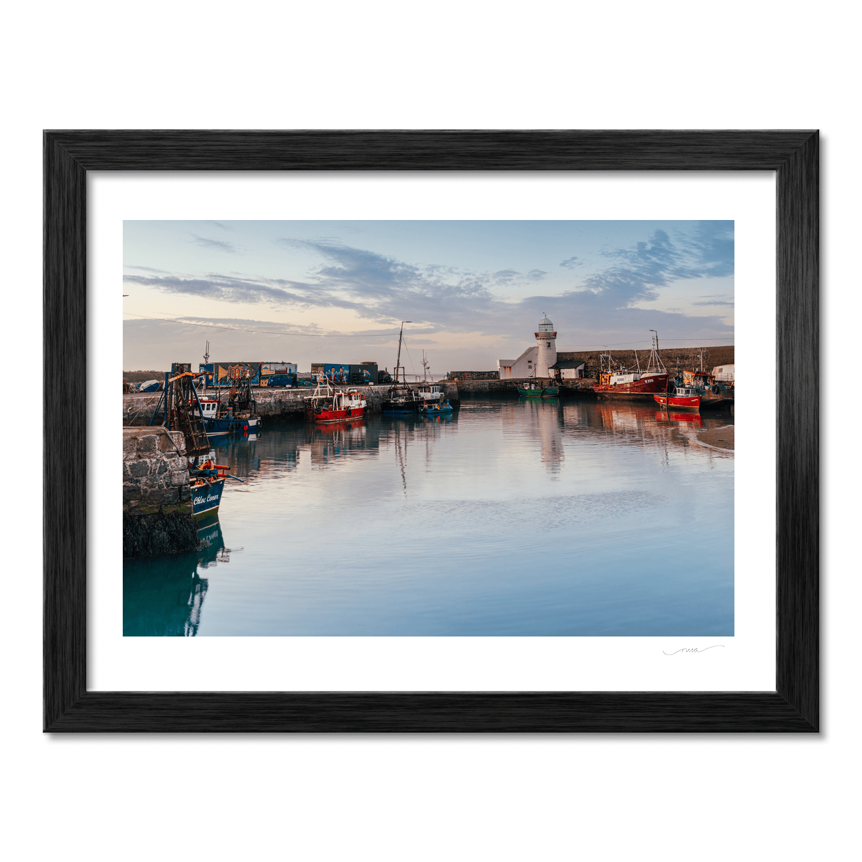 Nua Photography Print Balbriggan Harbour Fishing Boats and Lighthouse at Dusk, Co. Dublin Balbriggan Harbour Lighthouse Print | Nua Photography