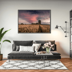 Nua Photography Print Baldungan Castle Rising from Golden Wheat Fields at Sunset, Skerries Co. Dublin Baldungan Castle Wheat Field Sunset Print | Nua Photography
