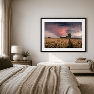 Nua Photography Print Baldungan Castle Rising from Golden Wheat Fields at Sunset, Skerries Co. Dublin Baldungan Castle Wheat Field Sunset Print | Nua Photography
