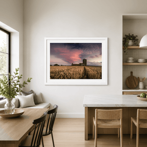 Nua Photography Print Baldungan Castle Rising from Golden Wheat Fields at Sunset, Skerries Co. Dublin Baldungan Castle Wheat Field Sunset Print | Nua Photography
