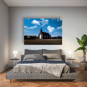 Nua Photography Print BÃºÃ°ir Black Church with Snow-Capped Mountains, Iceland BÃºÃ°ir Black Church Snow-Capped Mountains Print | Nua Photography