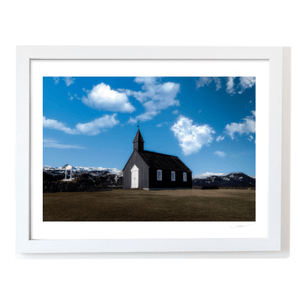 Nua Photography Print BÃºÃ°ir Black Church with Snow-Capped Mountains, Iceland BÃºÃ°ir Black Church Snow-Capped Mountains Print | Nua Photography