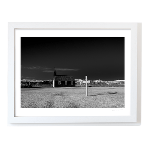 Nua Photography Print BÃºÃ°ir Black Church with Snow-Capped Mountains, Iceland (3) BÃºÃ°ir Black Church Iceland Print | Nua Photography