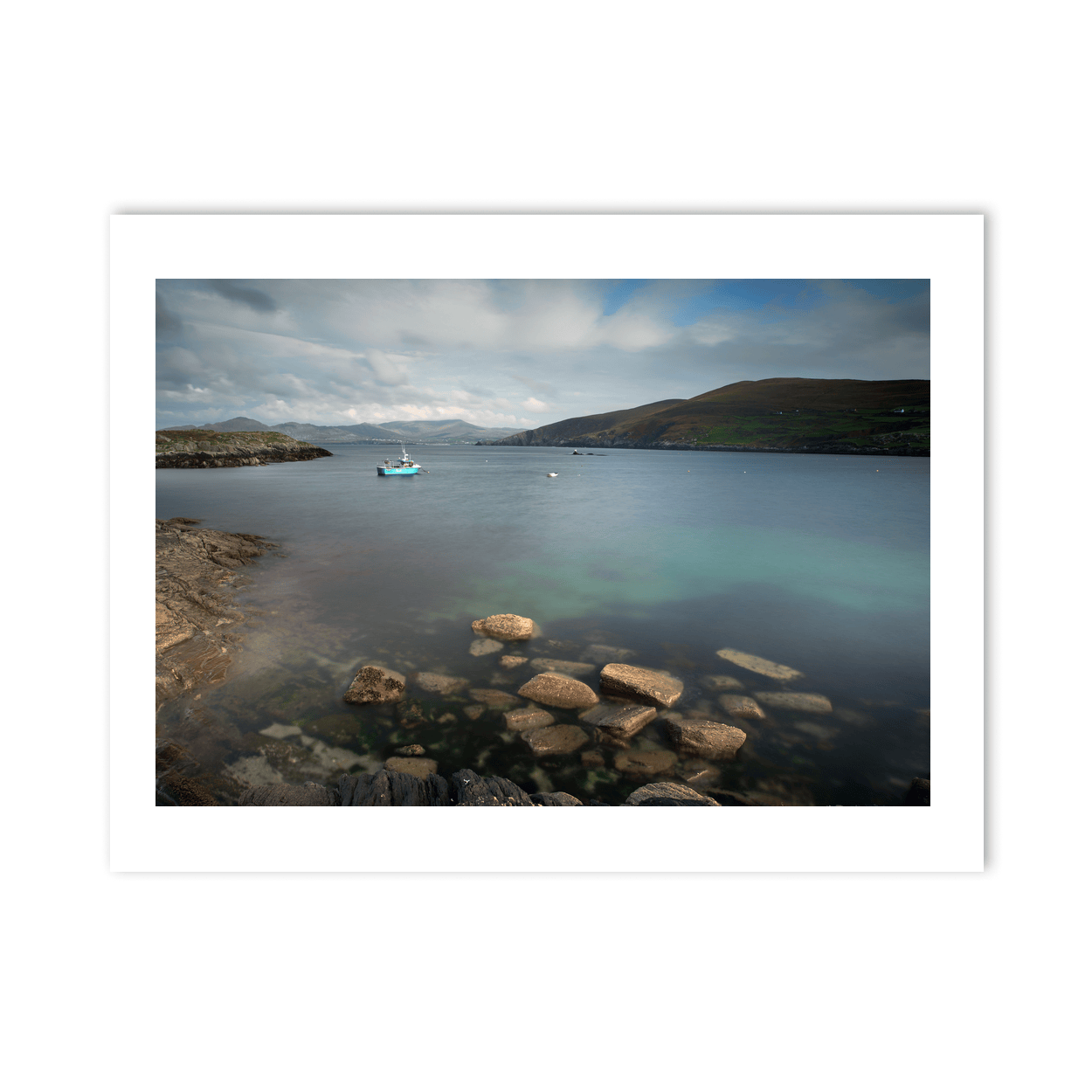 Nua Photography Print Calm Harbour with Fishing Boat in Crystal Clear Waters, Co. Cork Cork Harbour Fishing Boat Clear Waters Print | Nua Photography