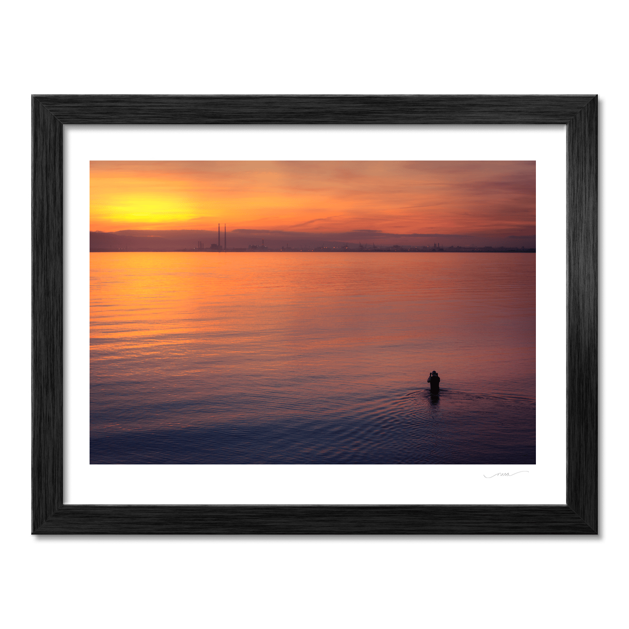 Nua Photography Print Dublin Bay Sunset with Swimmer and Poolbeg Chimneys, Howth Co. Dublin Dublin Bay Sunset Swimmer Poolbeg | Nua Photography