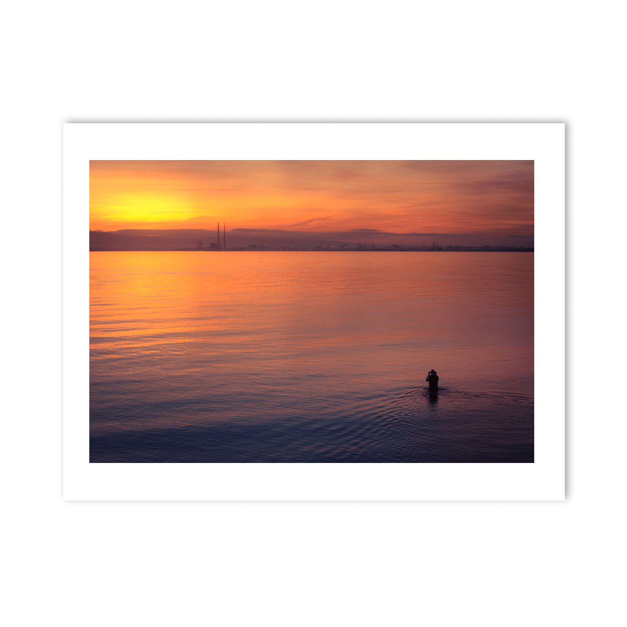 Nua Photography Print Dublin Bay Sunset with Swimmer and Poolbeg Chimneys, Howth Co. Dublin Dublin Bay Sunset Swimmer Poolbeg | Nua Photography