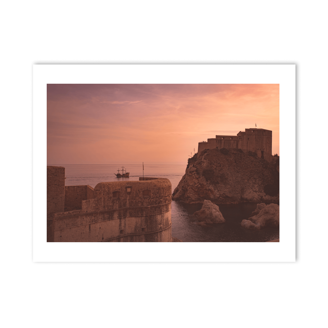Nua Photography Print Dubrovnik Fortress and Sailing Ship at Sunset, Croatia Dubrovnik Fortress Sunset with Sailing Ship Print | Nua Photography