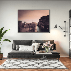 Nua Photography Print Dubrovnik Fortress Walls and Sailing Ship at Sunset, Croatia Dubrovnik Fortress Walls Sunset Print | Nua Photography