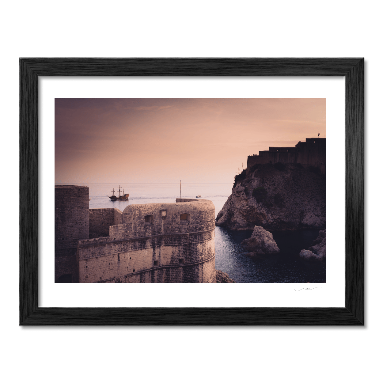 Nua Photography Print Dubrovnik Fortress Walls and Sailing Ship at Sunset, Croatia Dubrovnik Fortress Walls Sunset Print | Nua Photography