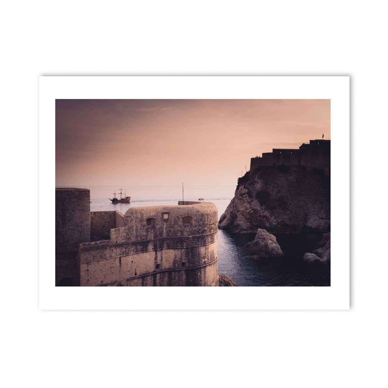 Nua Photography Print Dubrovnik Fortress Walls and Sailing Ship at Sunset, Croatia Dubrovnik Fortress Walls Sunset Print | Nua Photography