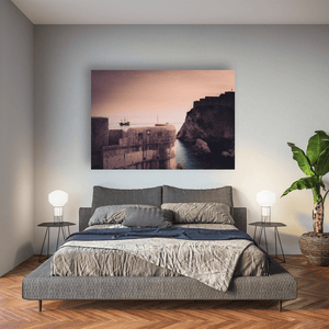 Nua Photography Print Dubrovnik Fortress Walls and Sailing Ship at Sunset, Croatia Dubrovnik Fortress Walls Sunset Print | Nua Photography