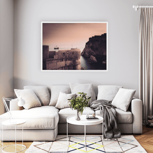Nua Photography Print Dubrovnik Fortress Walls and Sailing Ship at Sunset, Croatia Dubrovnik Fortress Walls Sunset Print | Nua Photography