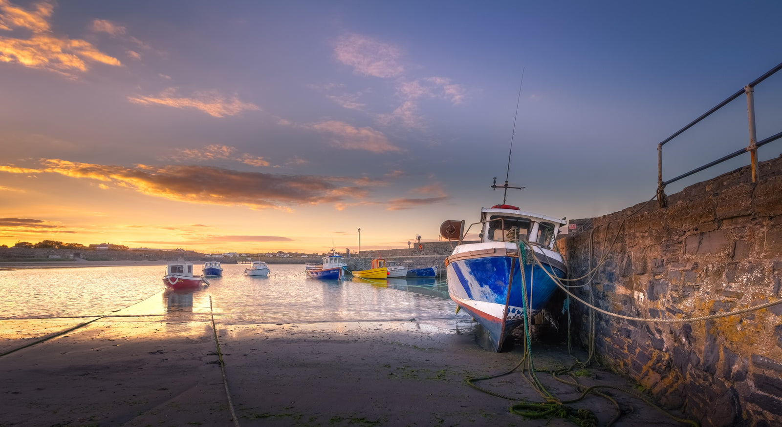 Fishing Boat tied up at Sunset on Rush Harbour, limited 20 x 16 inch Nua Photography print