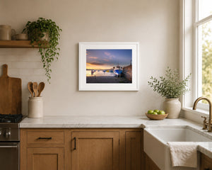 Fishing Boat tied up at Sunset on Rush Harbour, 20 x 16 inch kitchen display