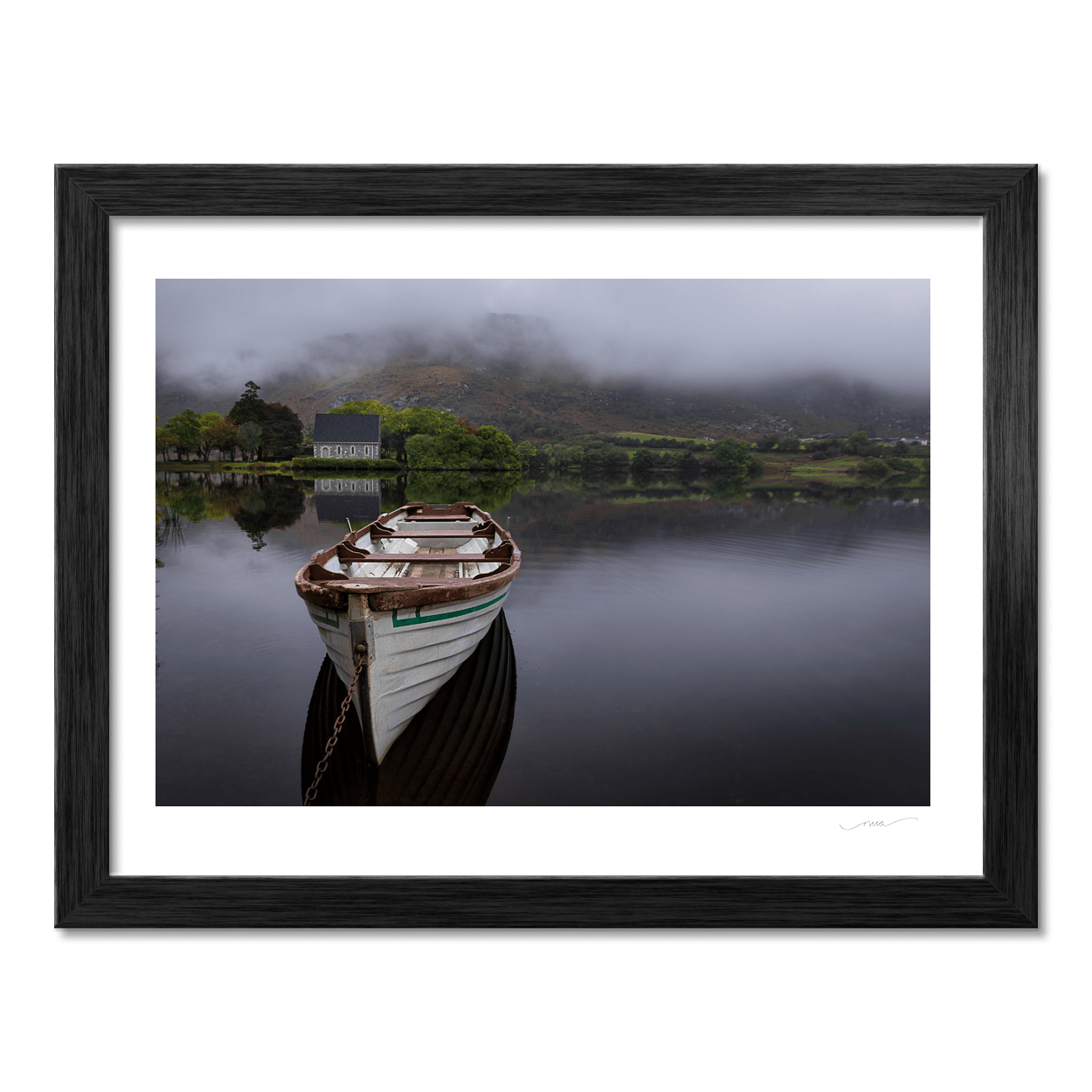 Nua Photography Print Gougane Barra Rowboat and Church on a Misty Morning, Co. Cork Gougane Barra Misty Morning Rowboat Print | Nua Photography