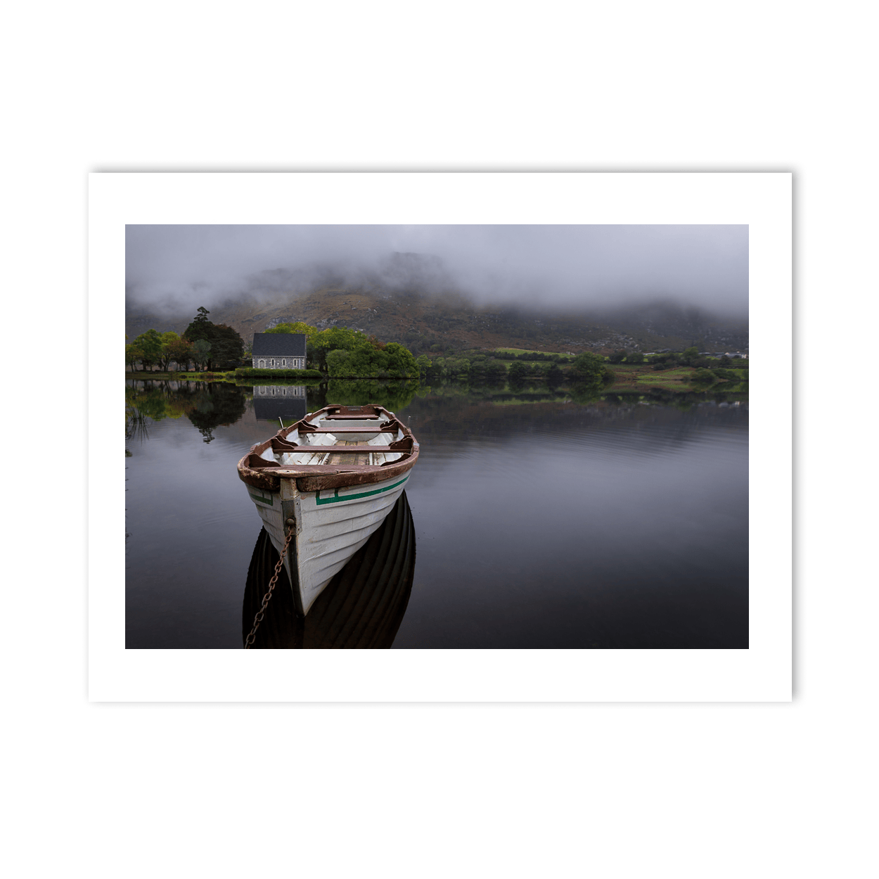 Nua Photography Print Gougane Barra Rowboat and Church on a Misty Morning, Co. Cork Gougane Barra Misty Morning Rowboat Print | Nua Photography