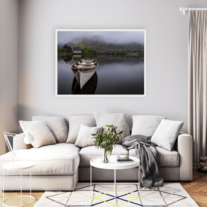 Nua Photography Print Gougane Barra Rowboat and Church on a Misty Morning, Co. Cork Gougane Barra Misty Morning Rowboat Print | Nua Photography