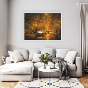 Nua Photography Print Grand Canal Autumn Golden Canopy with Barge, Dublin City Grand Canal Autumn Golden Canopy Dublin Print | Nua Photography