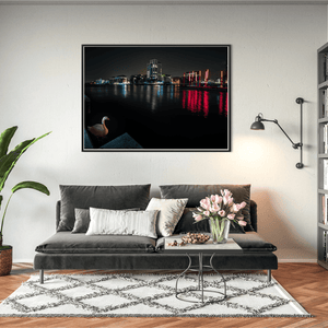 Nua Photography Print Grand Canal Dock Swan and Red Sticks at Night, Dublin City Grand Canal Dock Swan at Night Print | Nua Photography