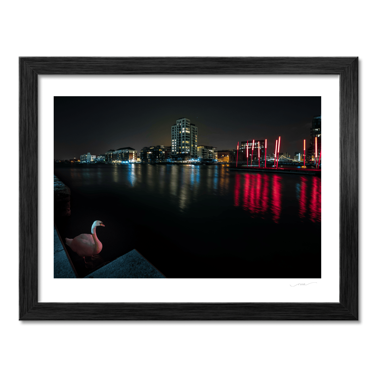 Nua Photography Print Grand Canal Dock Swan and Red Sticks at Night, Dublin City Grand Canal Dock Swan at Night Print | Nua Photography