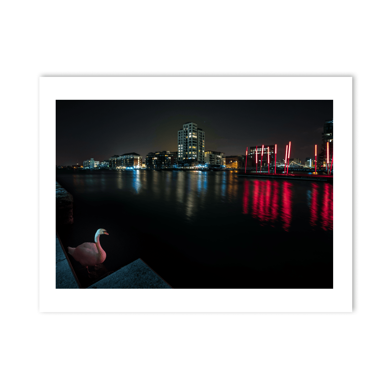 Nua Photography Print Grand Canal Dock Swan and Red Sticks at Night, Dublin City Grand Canal Dock Swan at Night Print | Nua Photography