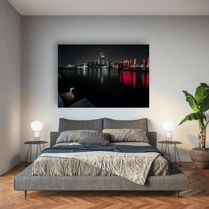 Nua Photography Print Grand Canal Dock Swan and Red Sticks at Night, Dublin City Grand Canal Dock Swan at Night Print | Nua Photography