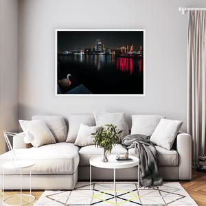 Nua Photography Print Grand Canal Dock Swan and Red Sticks at Night, Dublin City Grand Canal Dock Swan at Night Print | Nua Photography