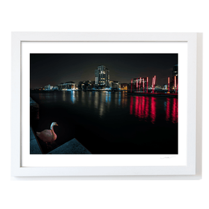 Nua Photography Print Grand Canal Dock Swan and Red Sticks at Night, Dublin City Grand Canal Dock Swan at Night Print | Nua Photography