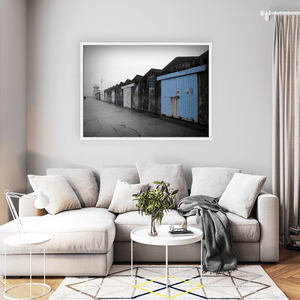Nua Photography Print Howth Harbour Boat Sheds with Blue Doors, Co. Dublin Howth Harbour Boat Sheds Blue Doors Print | Nua Photography