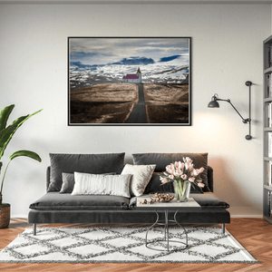 Nua Photography Print Traditional Icelandic Church with Red Roof and Snowy Mountains, Iceland Icelandic Church Red Roof Snowy Mountains Print | Nua Photography