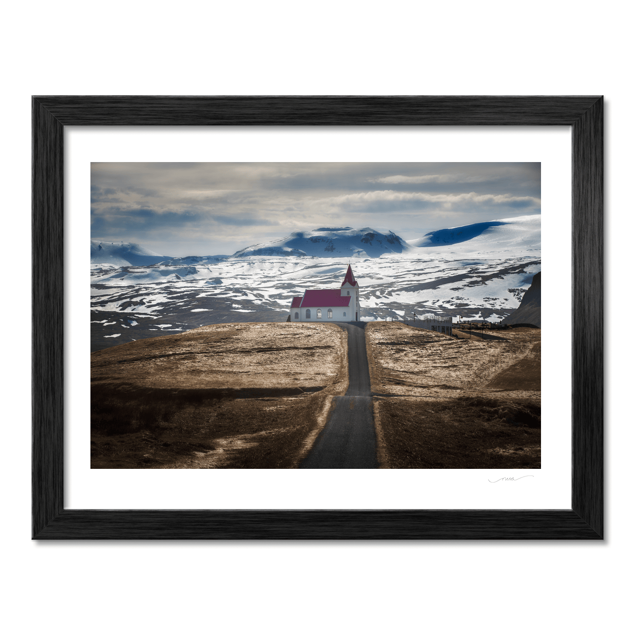 Nua Photography Print Traditional Icelandic Church with Red Roof and Snowy Mountains, Iceland Icelandic Church Red Roof Snowy Mountains Print | Nua Photography