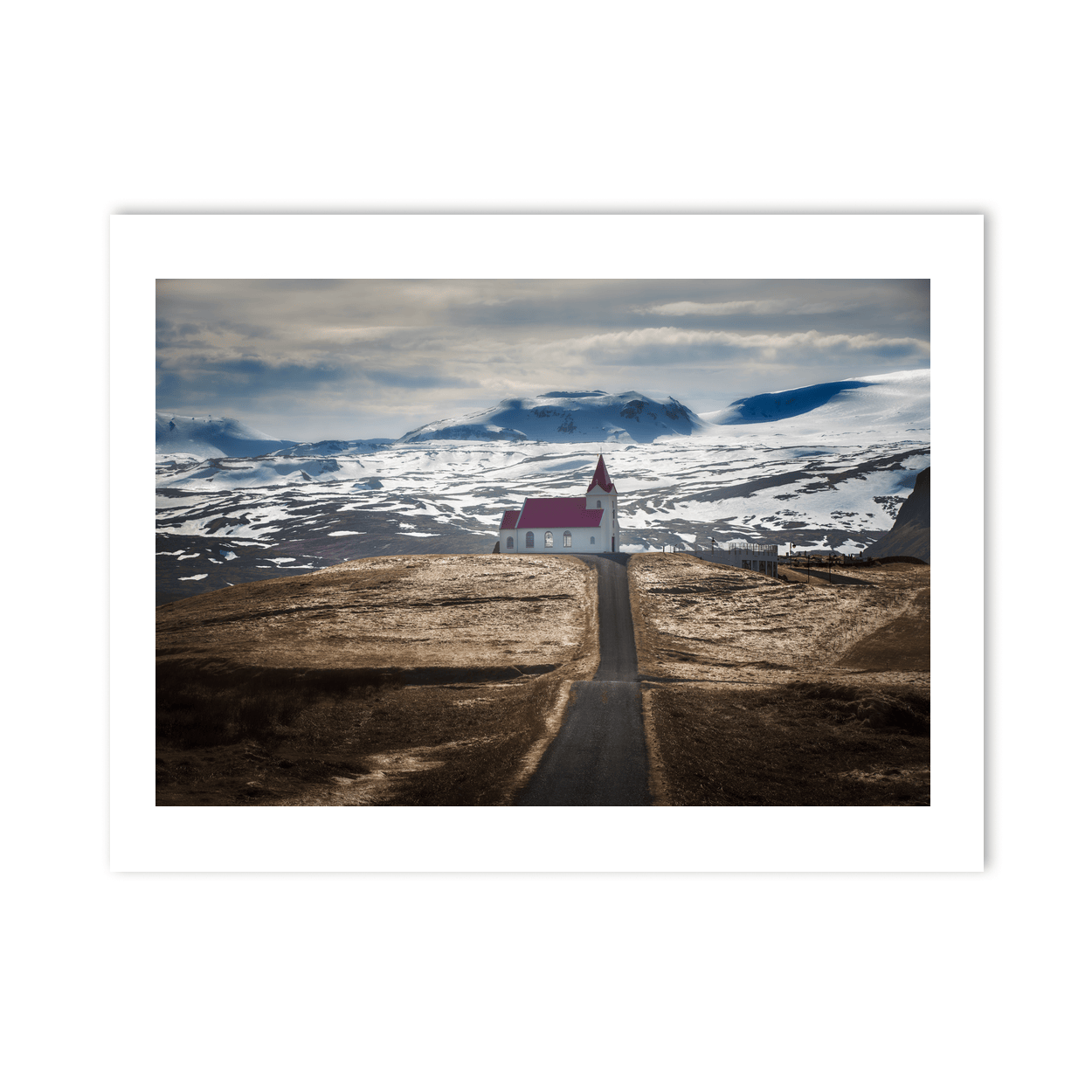 Nua Photography Print Traditional Icelandic Church with Red Roof and Snowy Mountains, Iceland Icelandic Church Red Roof Snowy Mountains Print | Nua Photography