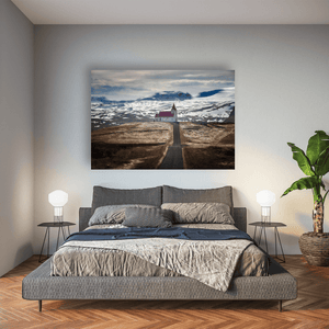 Nua Photography Print Traditional Icelandic Church with Red Roof and Snowy Mountains, Iceland Icelandic Church Red Roof Snowy Mountains Print | Nua Photography