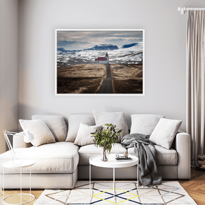 Nua Photography Print Traditional Icelandic Church with Red Roof and Snowy Mountains, Iceland Icelandic Church Red Roof Snowy Mountains Print | Nua Photography