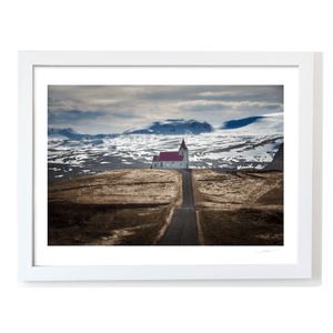 Nua Photography Print Traditional Icelandic Church with Red Roof and Snowy Mountains, Iceland Icelandic Church Red Roof Snowy Mountains Print | Nua Photography