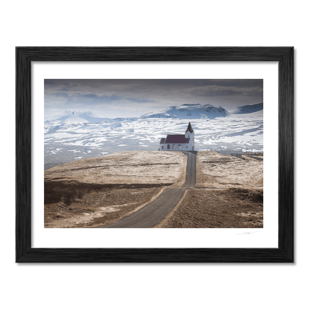 Nua Photography Print Remote Icelandic Church and Winding Road, SnÃ¦fellsnes Peninsula, Iceland Icelandic Church Snowy Mountains Print | Nua Photography