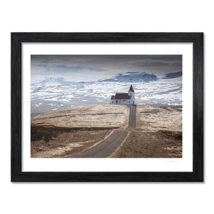 Nua Photography Print Remote Icelandic Church and Winding Road, SnÃ¦fellsnes Peninsula, Iceland Icelandic Church Snowy Mountains Print | Nua Photography