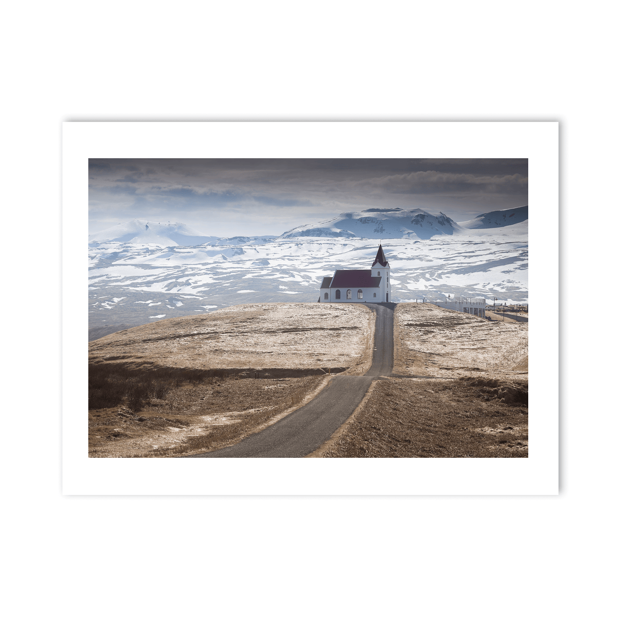 Nua Photography Print Remote Icelandic Church and Winding Road, SnÃ¦fellsnes Peninsula, Iceland Icelandic Church Snowy Mountains Print | Nua Photography