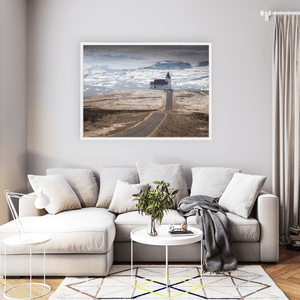 Nua Photography Print Remote Icelandic Church and Winding Road, SnÃ¦fellsnes Peninsula, Iceland Icelandic Church Snowy Mountains Print | Nua Photography