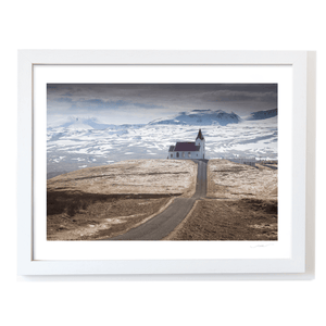 Nua Photography Print Remote Icelandic Church and Winding Road, SnÃ¦fellsnes Peninsula, Iceland Icelandic Church Snowy Mountains Print | Nua Photography