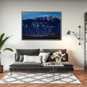 Nua Photography Print Icelandic Village Beneath Snow-Capped Mountains at Dusk, Iceland Icelandic Village Snow-Capped Mountains Dusk Print | Nua Photography