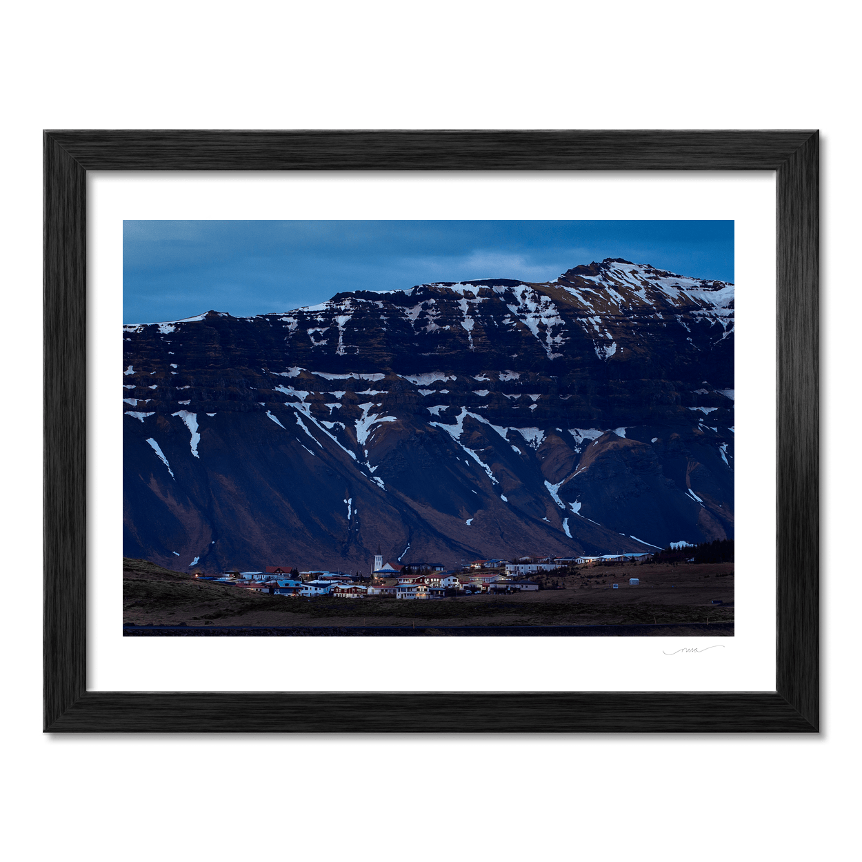 Nua Photography Print Icelandic Village Beneath Snow-Capped Mountains at Dusk, Iceland Icelandic Village Snow-Capped Mountains Dusk Print | Nua Photography