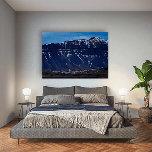 Nua Photography Print Icelandic Village Beneath Snow-Capped Mountains at Dusk, Iceland Icelandic Village Snow-Capped Mountains Dusk Print | Nua Photography