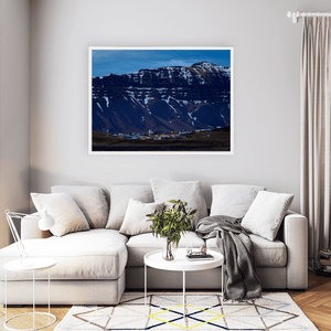 Nua Photography Print Icelandic Village Beneath Snow-Capped Mountains at Dusk, Iceland Icelandic Village Snow-Capped Mountains Dusk Print | Nua Photography