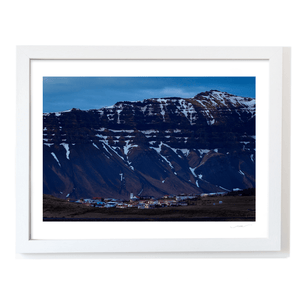 Nua Photography Print Icelandic Village Beneath Snow-Capped Mountains at Dusk, Iceland Icelandic Village Snow-Capped Mountains Dusk Print | Nua Photography