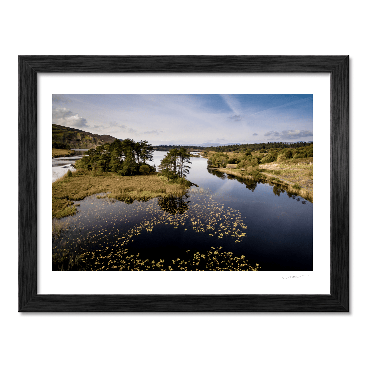 Nua Photography Print Kerry Lake with Lily Pads and Pine Island Aerial View, Co. Kerry Kerry Lake Lily Pads Pine Island Aerial Print | Nua Photography