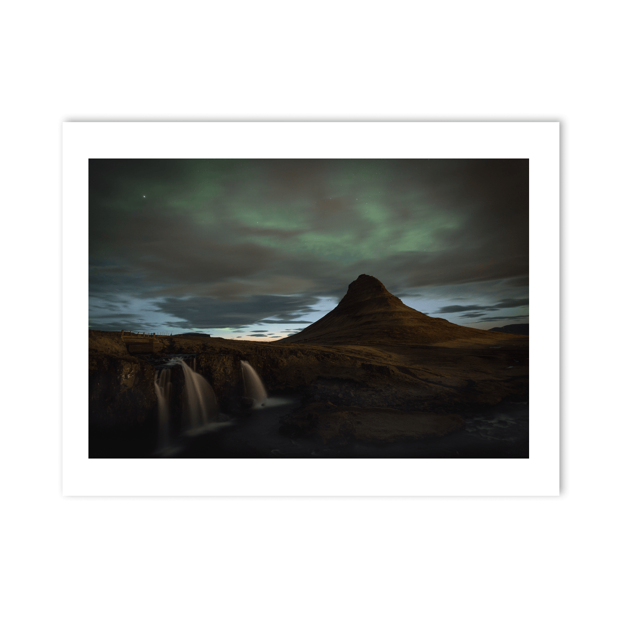 Nua Photography Print Kirkjufell Mountain and Northern Lights with Waterfall, Iceland Kirkjufell Northern Lights & Waterfall Print | Nua Photography